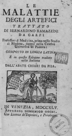 Pagină din De Morbis Artificum Diatriba (1745) de Bernardino Ramazzini